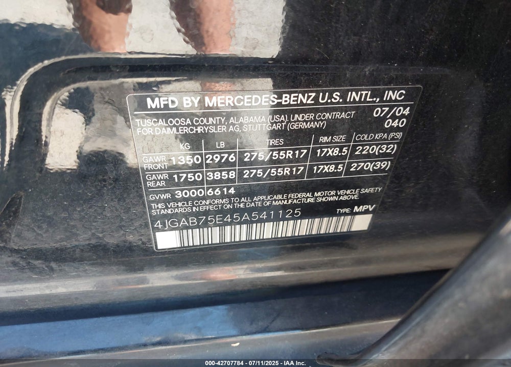 2005 MERCEDES-BENZ ML 500 VIN: 4JGAB75E45A541125