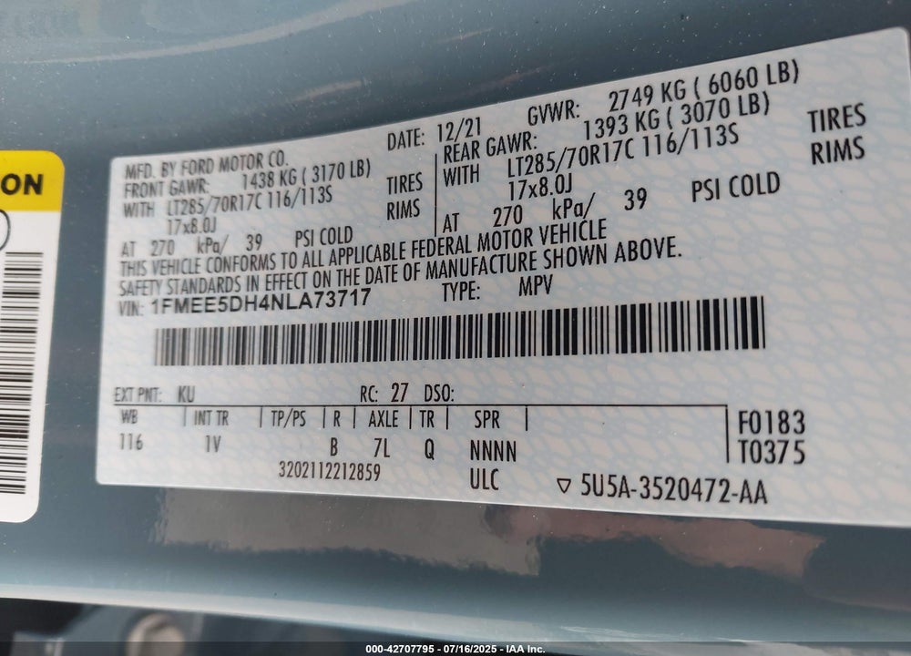 2022 FORD BRONCO VIN: 1FMEE5DH4NLA73717