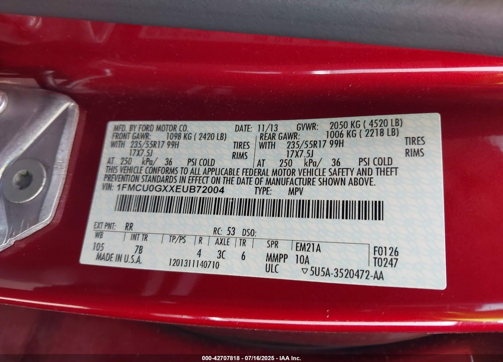2014 FORD ESCAPE VIN: 1FMCU0GXXEUB72004