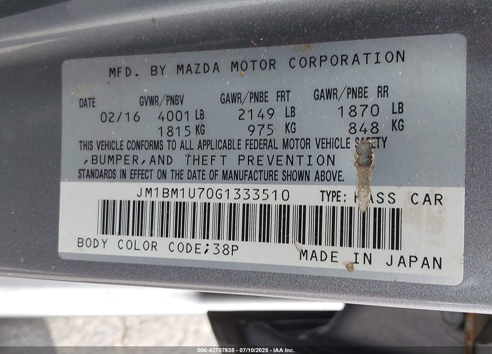 2016 MAZDA 3 VIN: JM1BM1U70G1333510