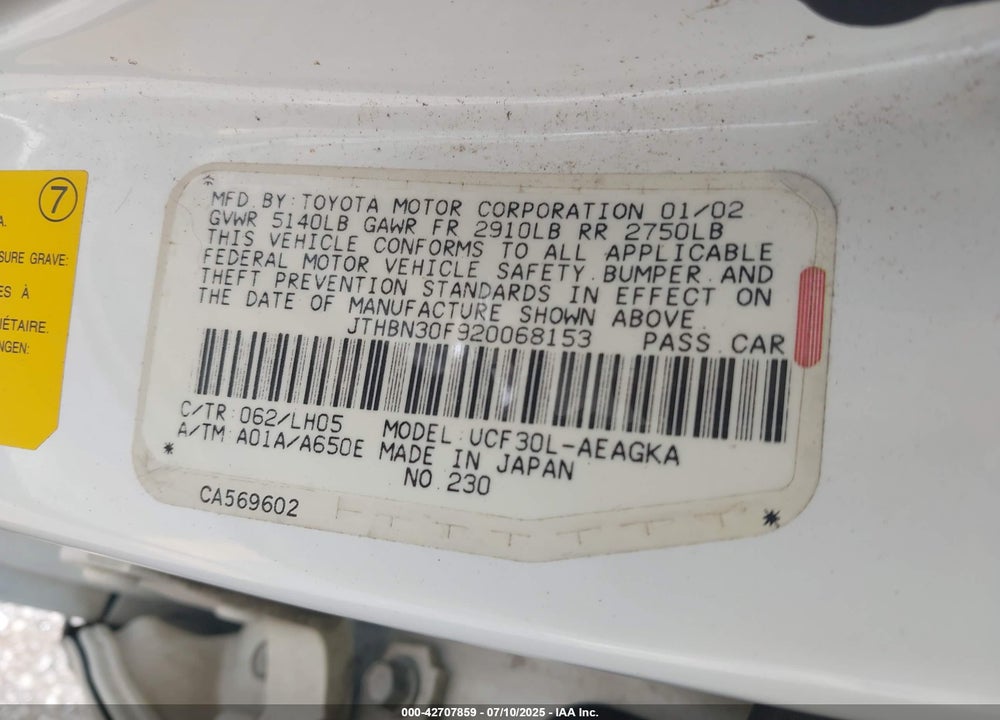 2002 LEXUS LS 430 VIN: JTHBN30F920068153