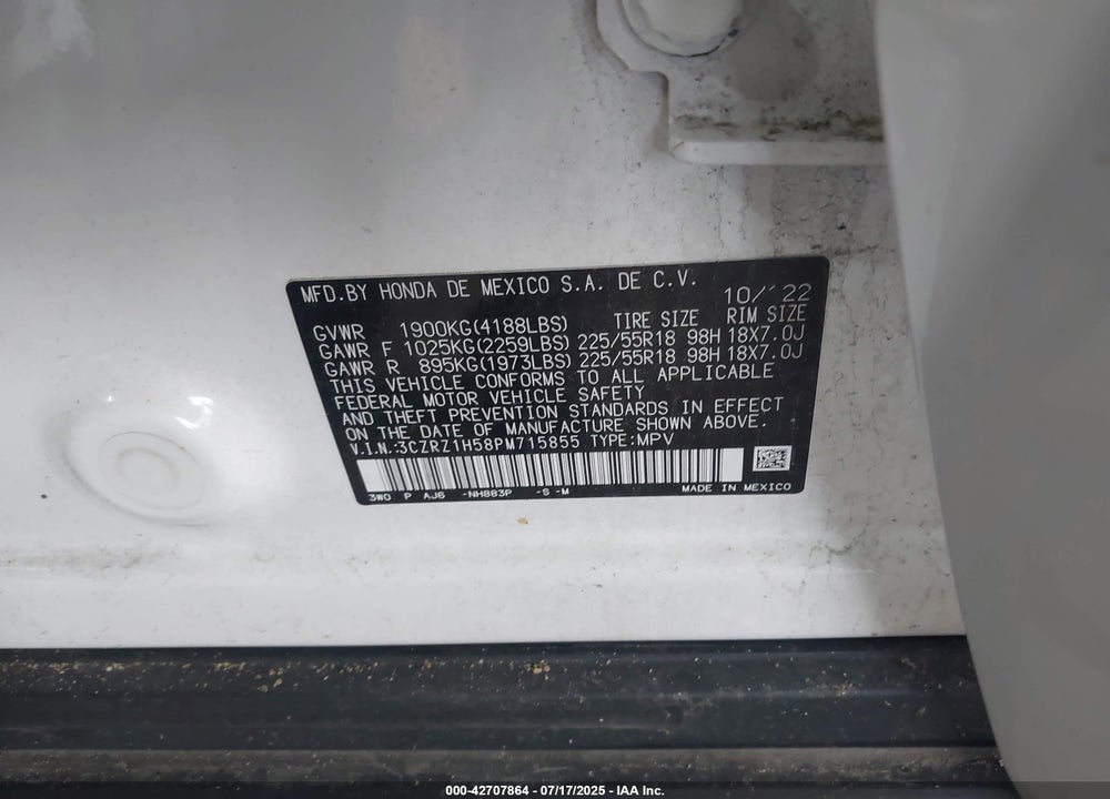 2023 HONDA HR-V VIN: 3CZRZ1H58PM715855