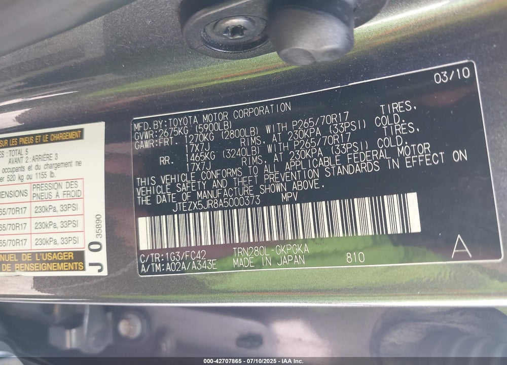 2010 TOYOTA 4RUNNER VIN: JTEZX5JR8A5000373