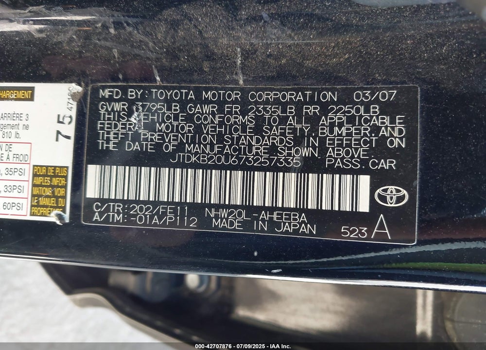 2007 TOYOTA PRIUS VIN: JTDKB20U673257335