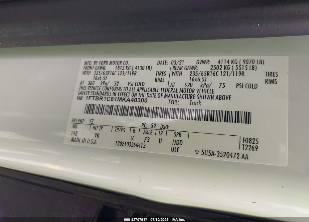 2021 FORD TRANSIT-250 VIN: 1FTBR1C81MKA40300