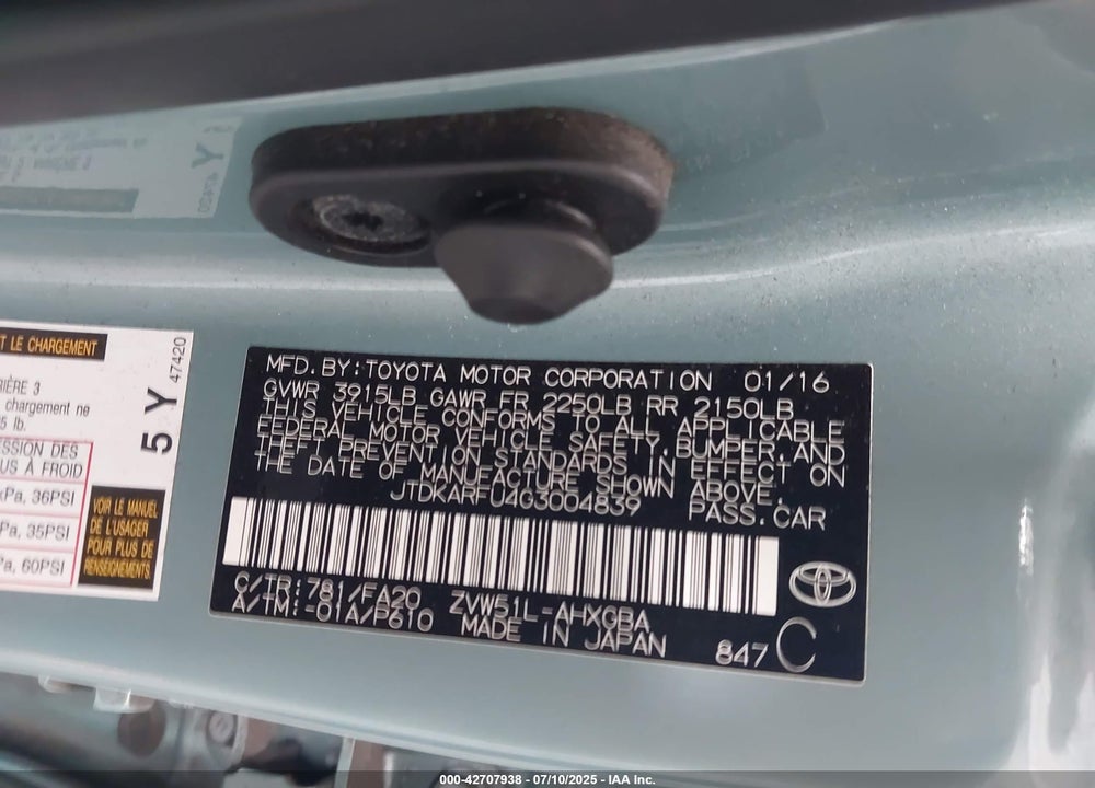 2016 TOYOTA PRIUS VIN: JTDKARFU4G3004839