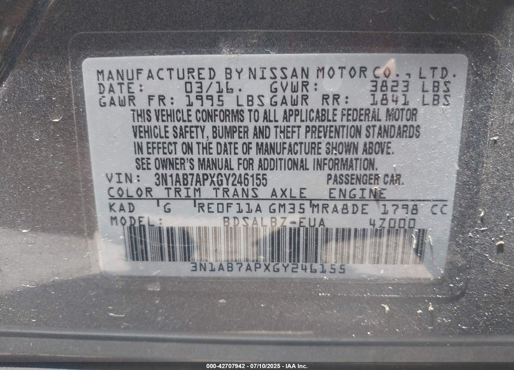 2016 NISSAN SENTRA FE+ S/S/SL/SR/SV VIN: 3N1AB7APXGY246155