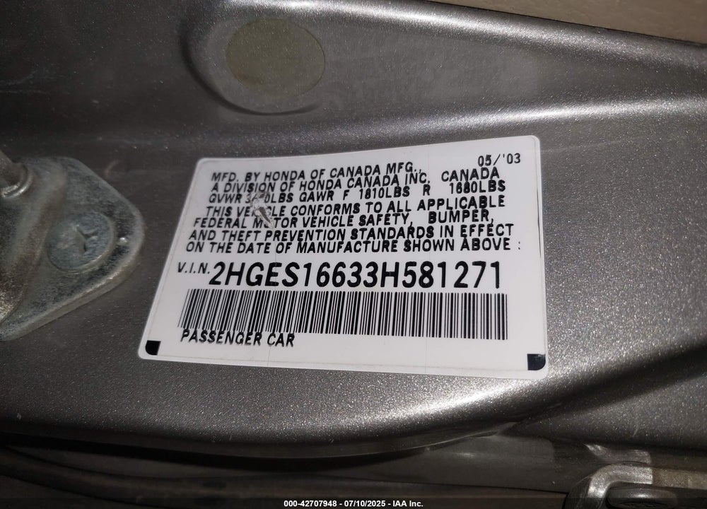 2003 HONDA CIVIC VIN: 2HGES16633H581271