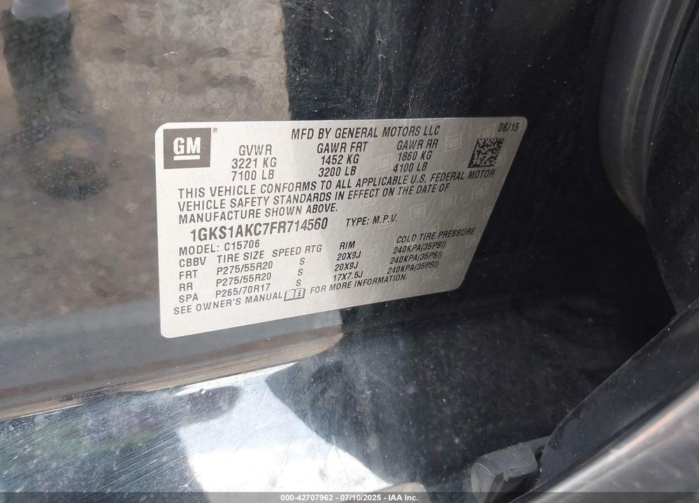 2015 GMC YUKON VIN: 1GKS1AKC7FR714560