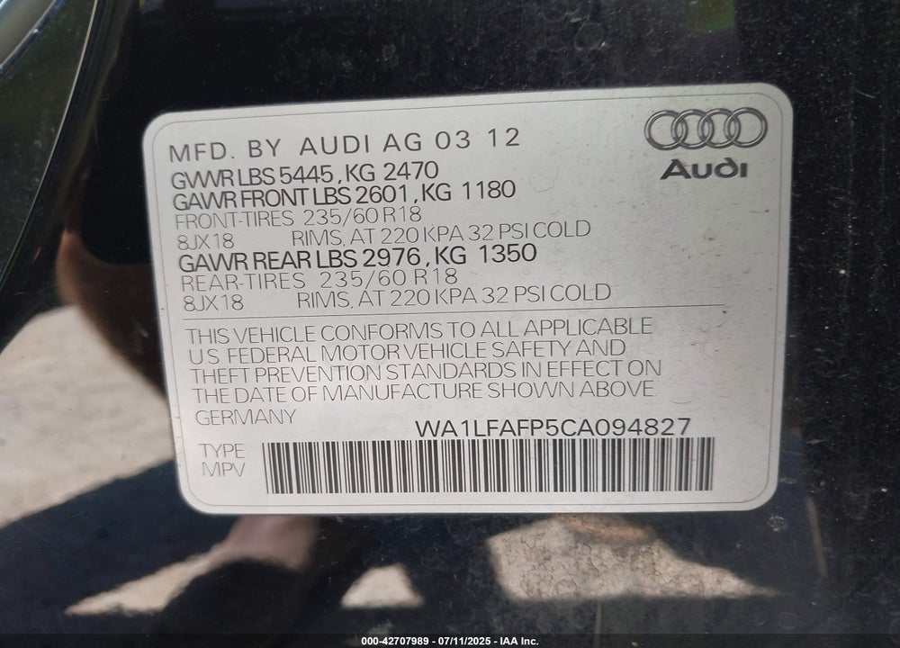 2012 AUDI Q5 VIN: WA1LFAFP5CA094827