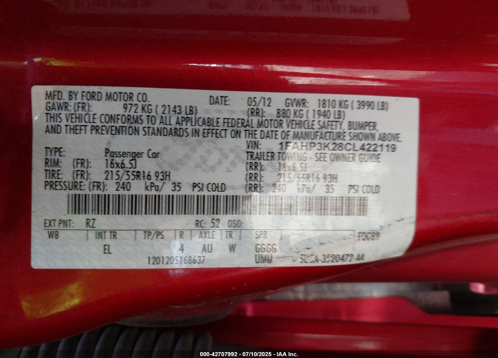 2012 FORD FOCUS VIN: 1FAHP3K28CL422119