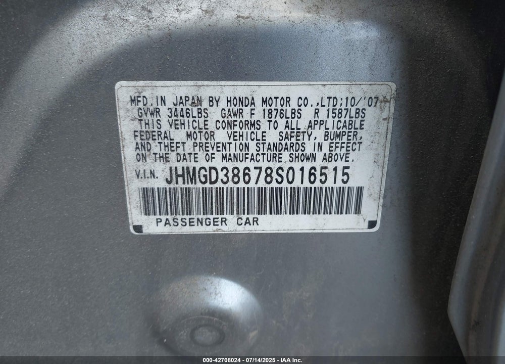 2008 HONDA FIT VIN: JHMGD38678S016515
