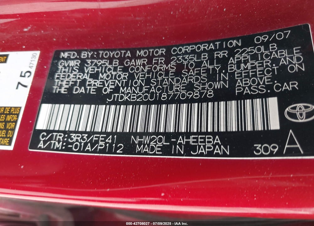2008 TOYOTA PRIUS VIN: JTDKB20U187709878
