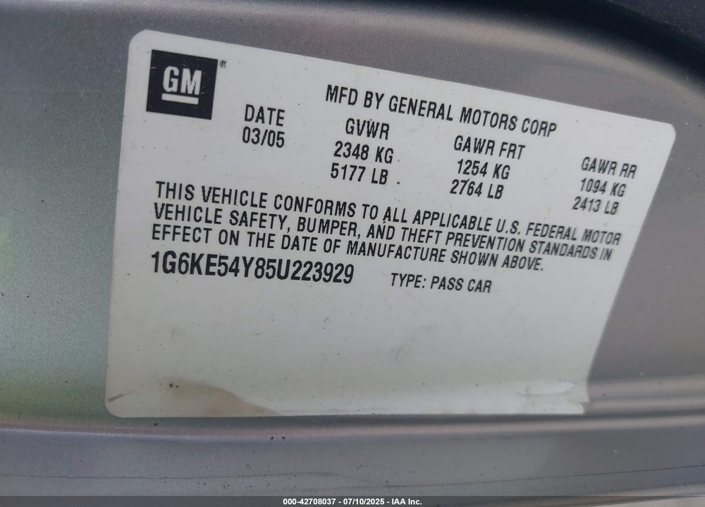 2005 CADILLAC DEVILLE VIN: 1G6KE54Y85U223929
