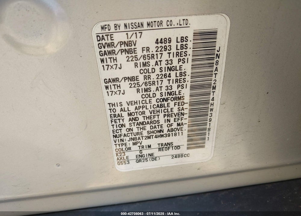 2017 NISSAN ROGUE VIN: JN8AT2MT4HW391811