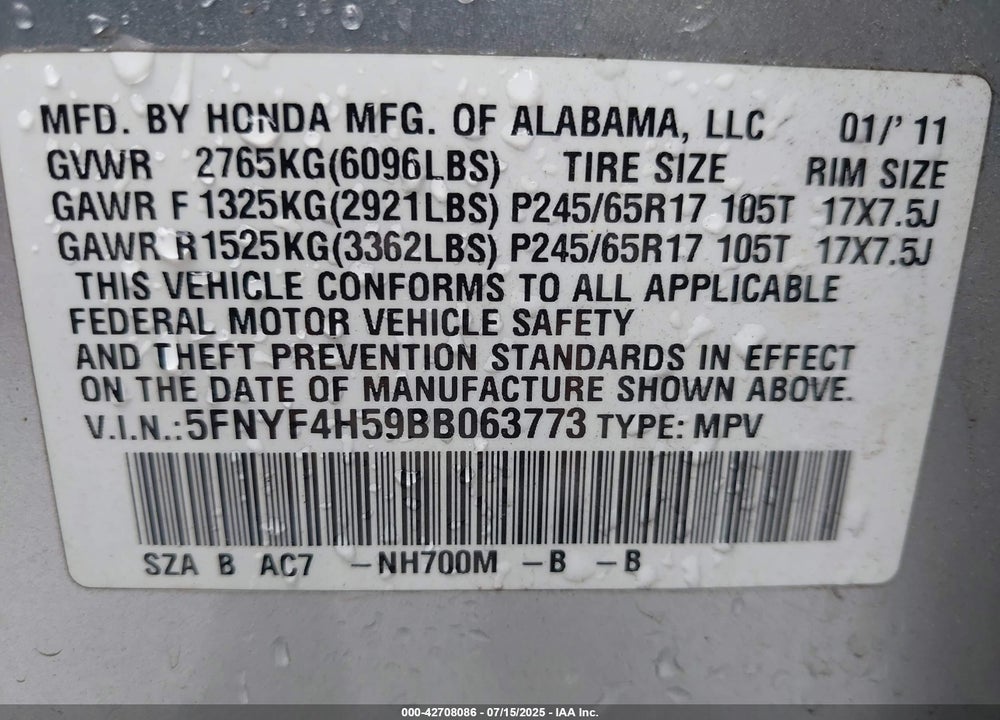 2011 HONDA PILOT VIN: 5FNYF4H59BB063773