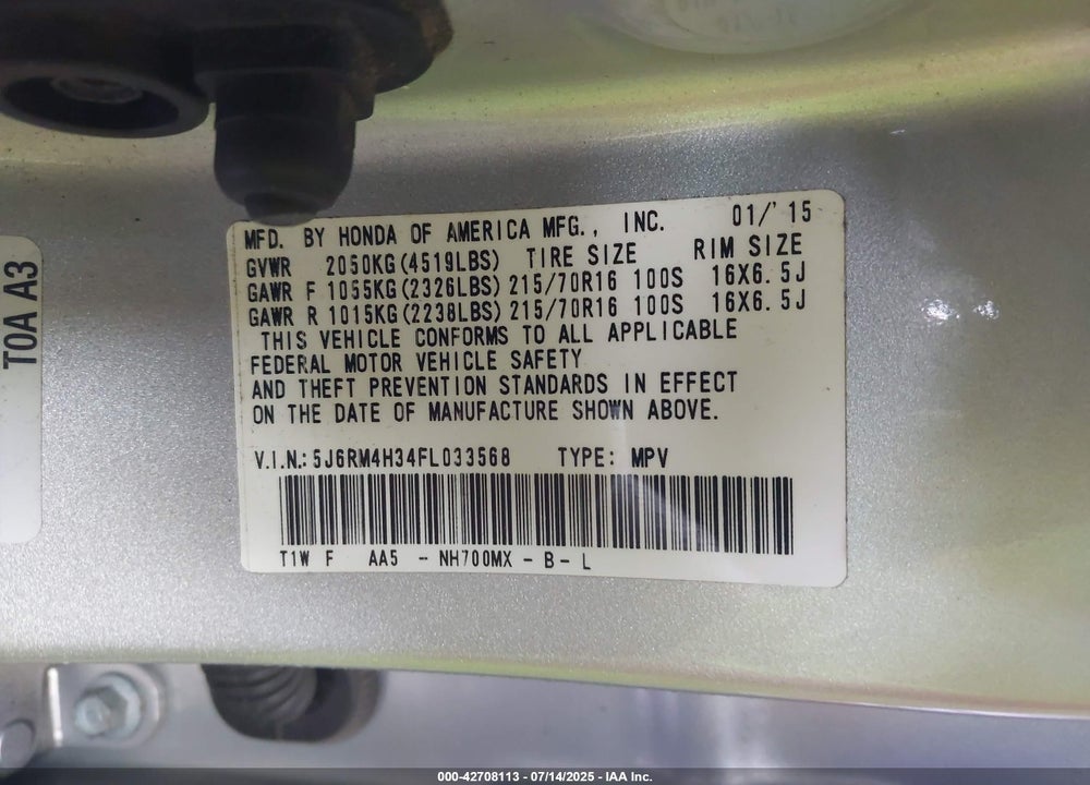 2015 HONDA CR-V VIN: 5J6RM4H34FL033568