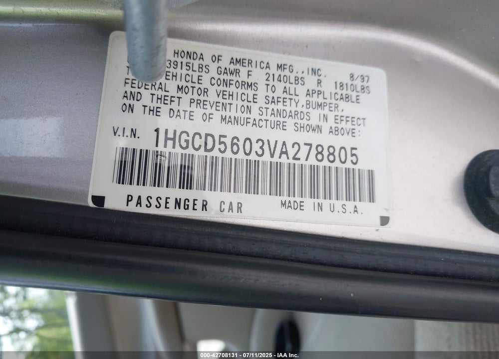 1997 HONDA ACCORD SE VIN: 1HGCD5603VA278805