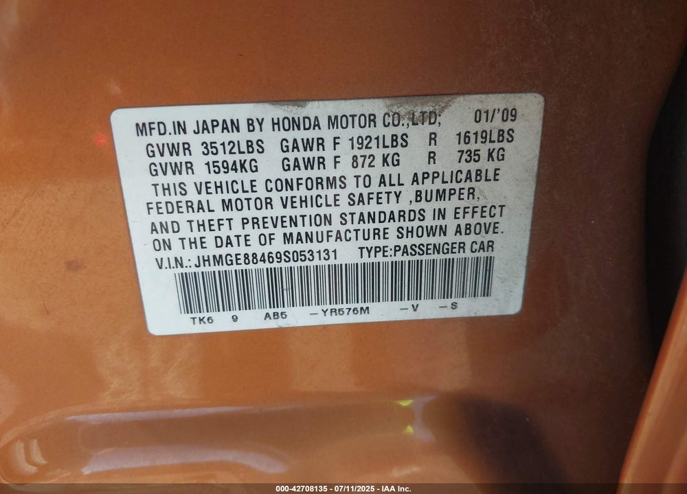 2009 HONDA FIT SPORT VIN: JHMGE88469S053131