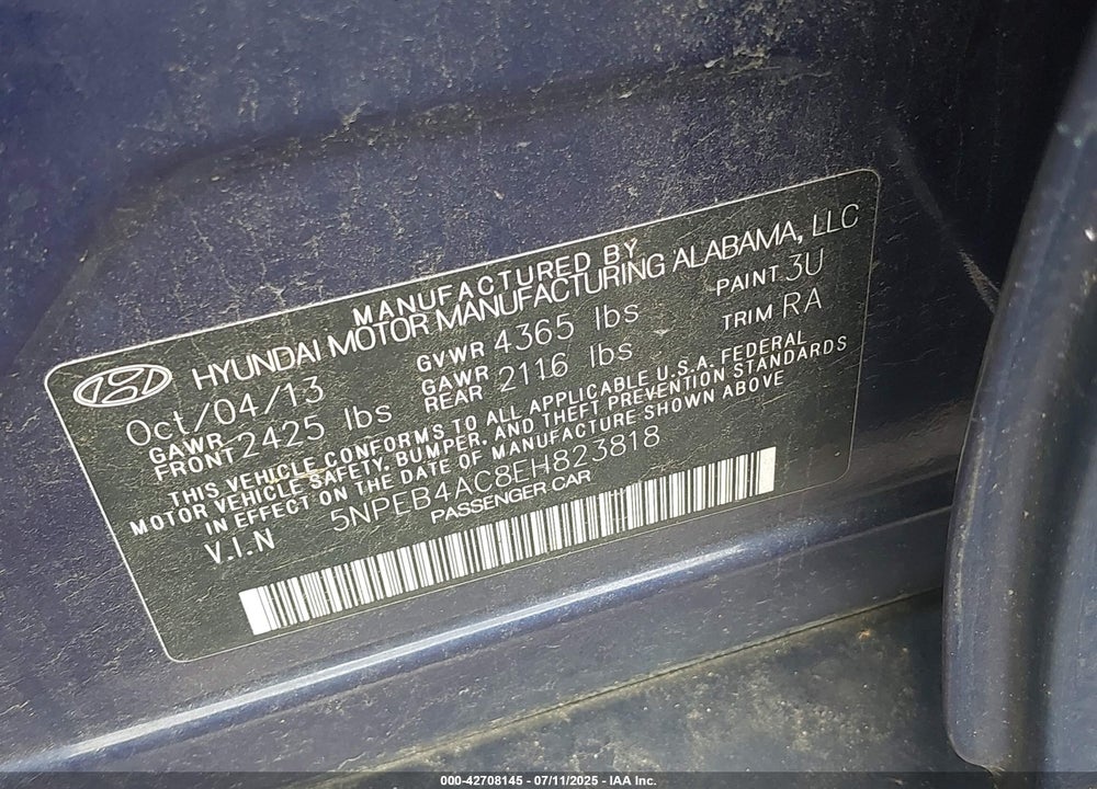 2014 HYUNDAI SONATA GLS VIN: 5NPEB4AC8EH823818