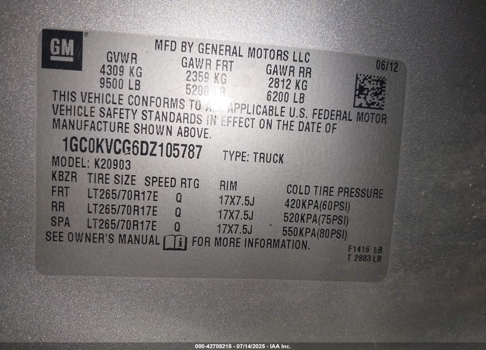 2013 CHEVROLET SILVERADO 2500 VIN: 1GC0KVCG6DZ105787