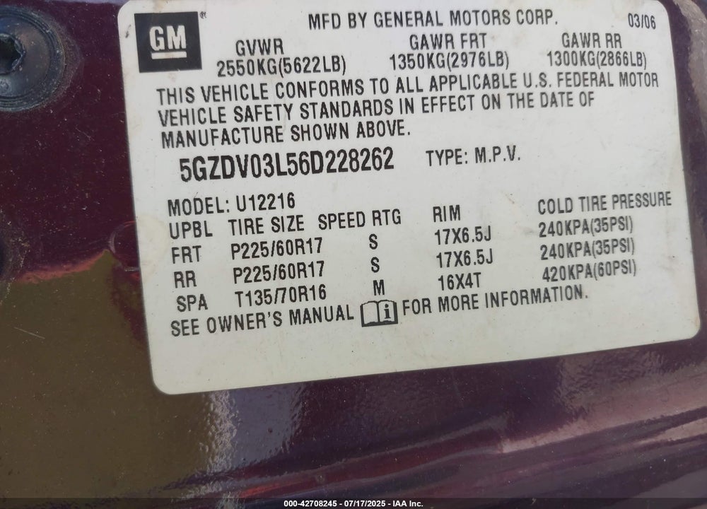 2006 SATURN RELAY 2 VIN: 5GZDV03L56D228262