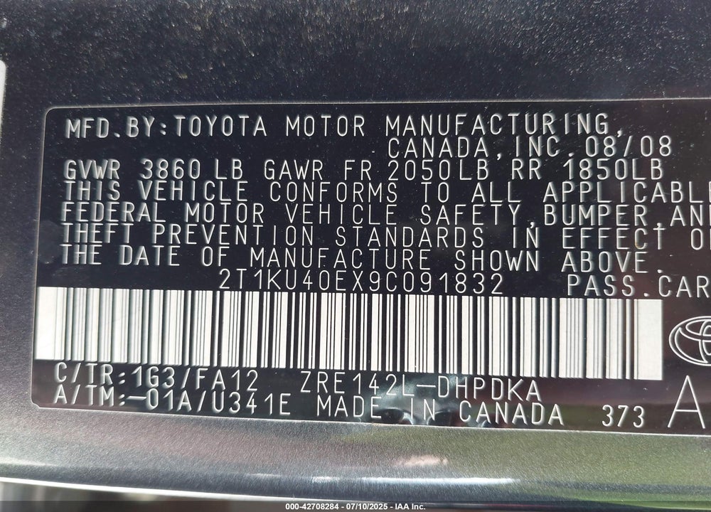 2009 TOYOTA MATRIX VIN: 2T1KU40EX9C091832