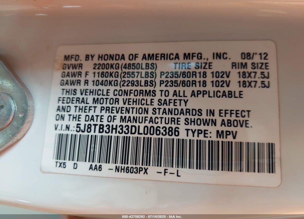 2013 ACURA RDX VIN: 5J8TB3H33DL006386