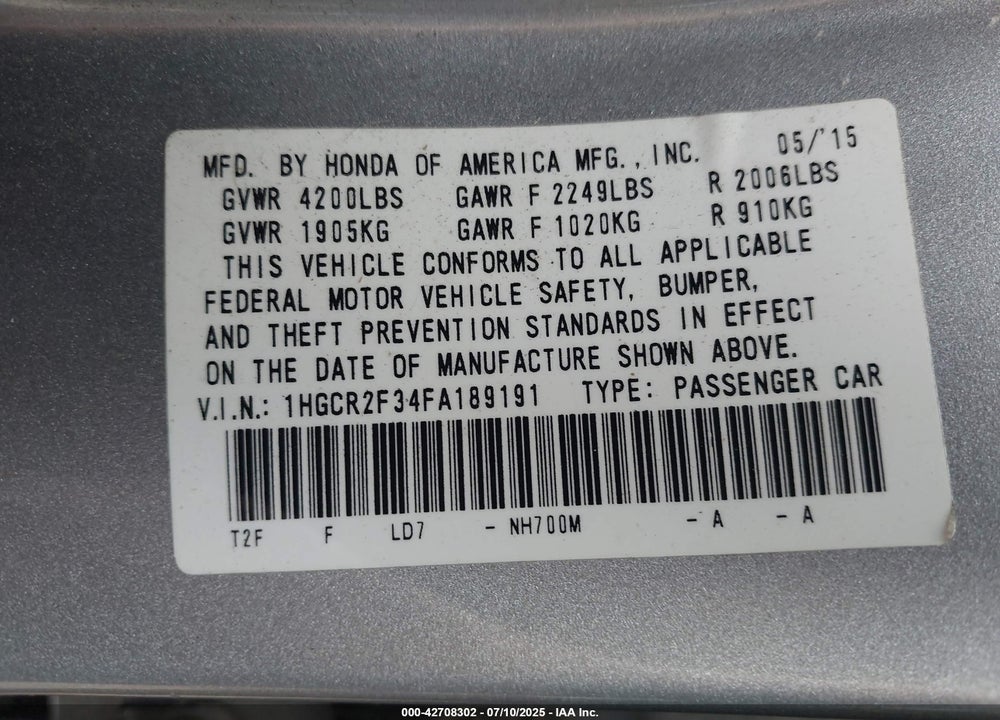 2015 HONDA ACCORD VIN: 1HGCR2F34FA189191