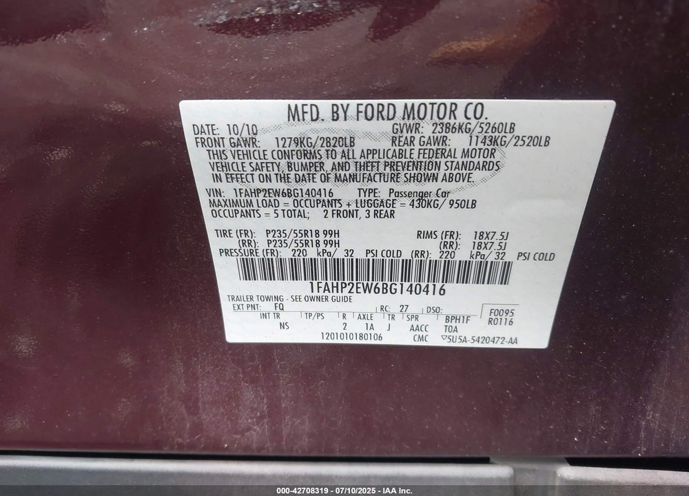 2011 FORD TAURUS VIN: 1FAHP2EW6BG140416