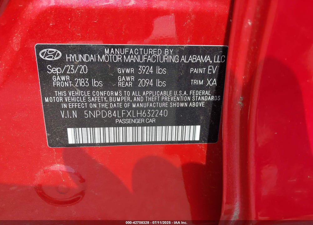 2020 HYUNDAI ELANTRA VIN: 5NPD84LFXLH632240
