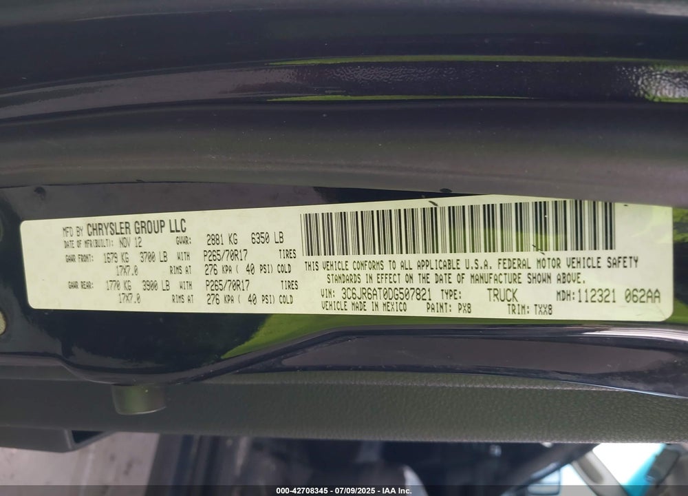 2013 RAM 1500 VIN: 3C6JR6AT0DG507821