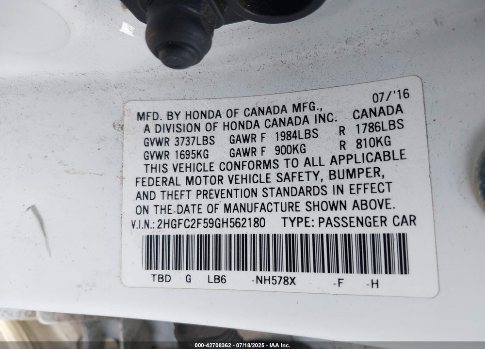 2016 HONDA CIVIC LX VIN: 2HGFC2F59GH562180