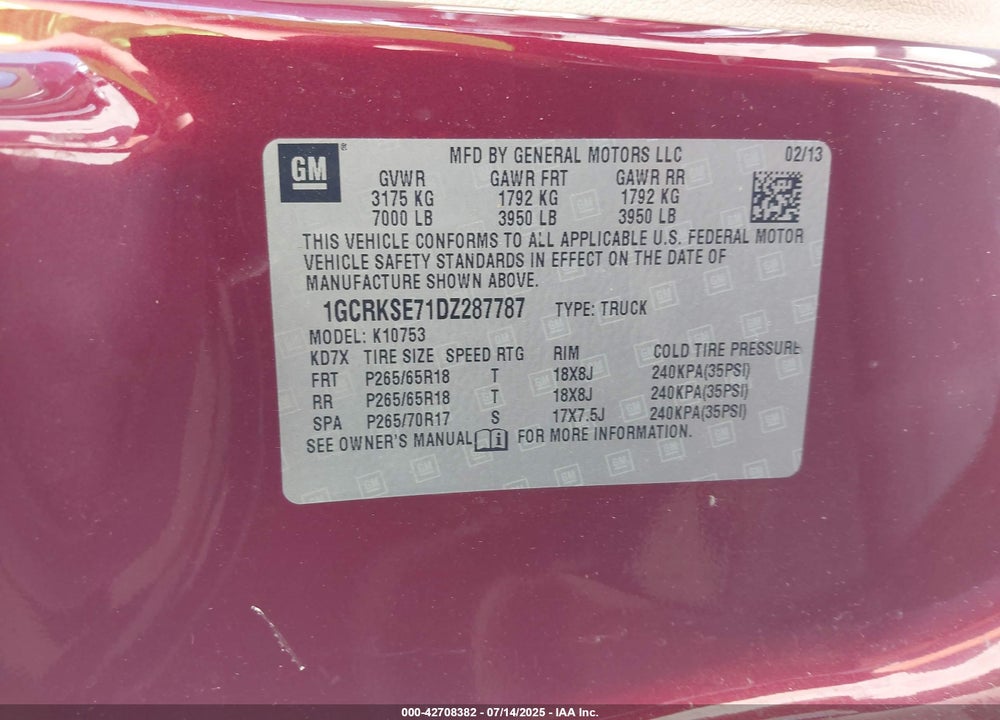2013 CHEVROLET SILVERADO 1500 VIN: 1GCRKSE71DZ287787
