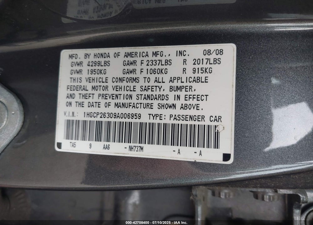 2009 HONDA ACCORD VIN: 1HGCP26309A006959