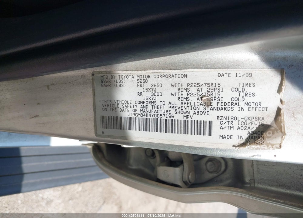 2000 TOYOTA 4RUNNER VIN: JT3GM84R4Y0057196