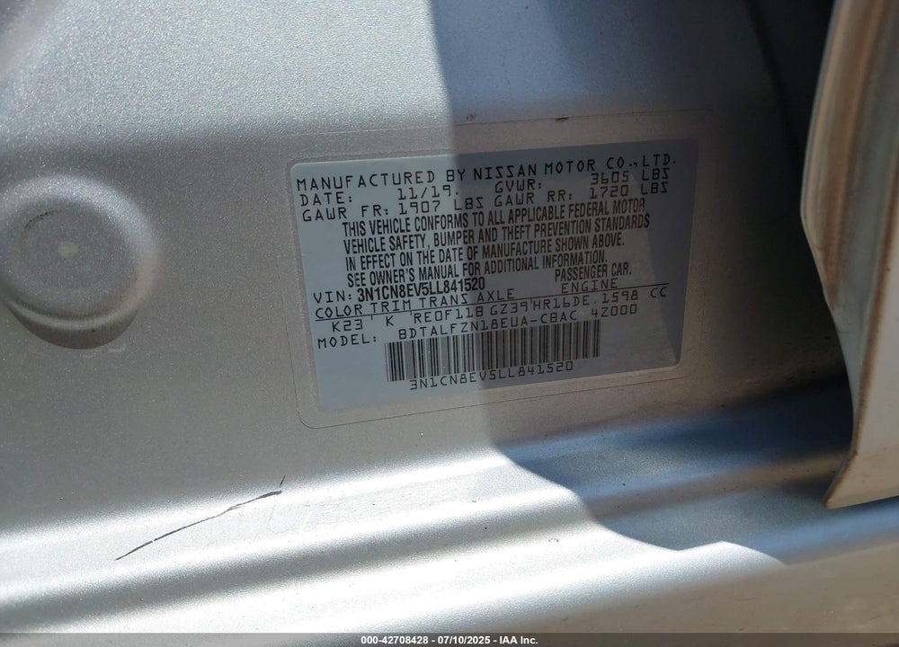 2020 NISSAN VERSA VIN: 3N1CN8EV5LL841520