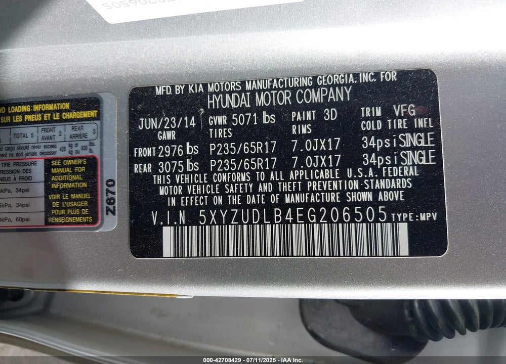 2014 HYUNDAI SANTA FE VIN: 5XYZUDLB4EG206505