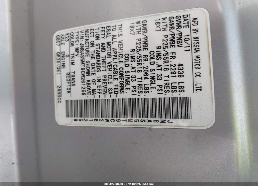 2012 NISSAN ROGUE VIN: JN8AS5MT9CW261259