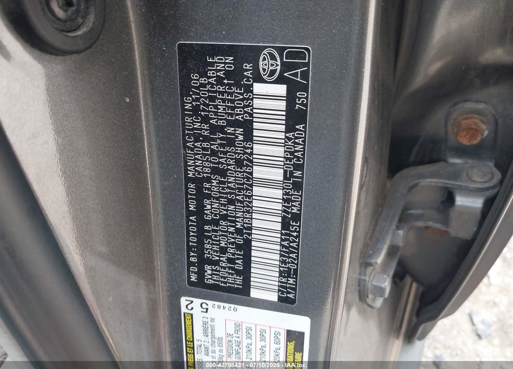 2007 TOYOTA COROLLA CE VIN: 2T1BR32E67C767246