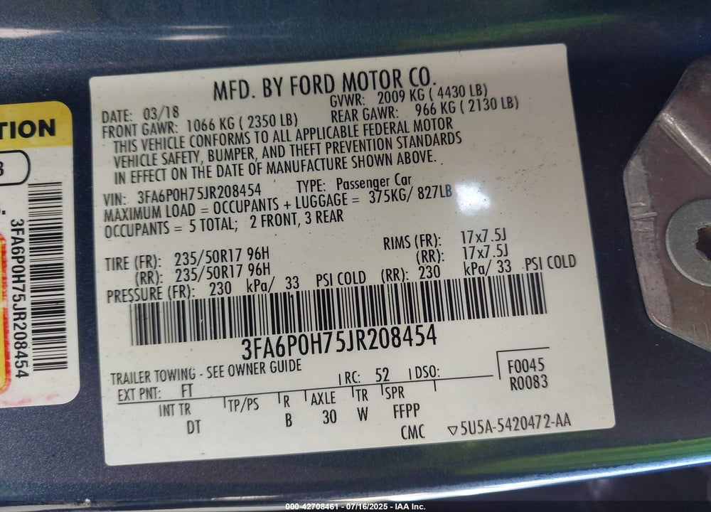 2018 FORD FUSION VIN: 3FA6P0H75JR208454