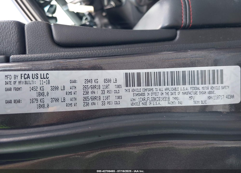 2019 JEEP GRAND CHEROKEE VIN: 1C4RJFLG9KC610318