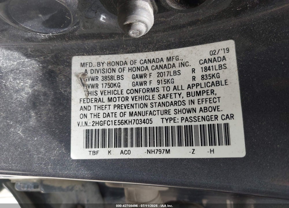 2019 HONDA CIVIC VIN: 2HGFC1E56KH703405