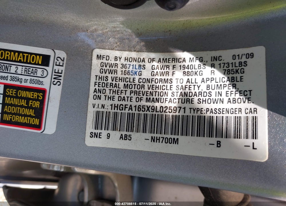 2009 HONDA CIVIC VIN: 1HGFA165X9L025971