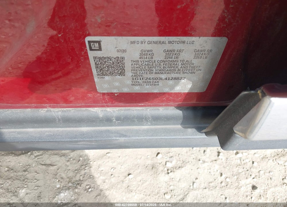 2020 CHEVROLET BOLT EV VIN: 1G1FZ6S03L4128822