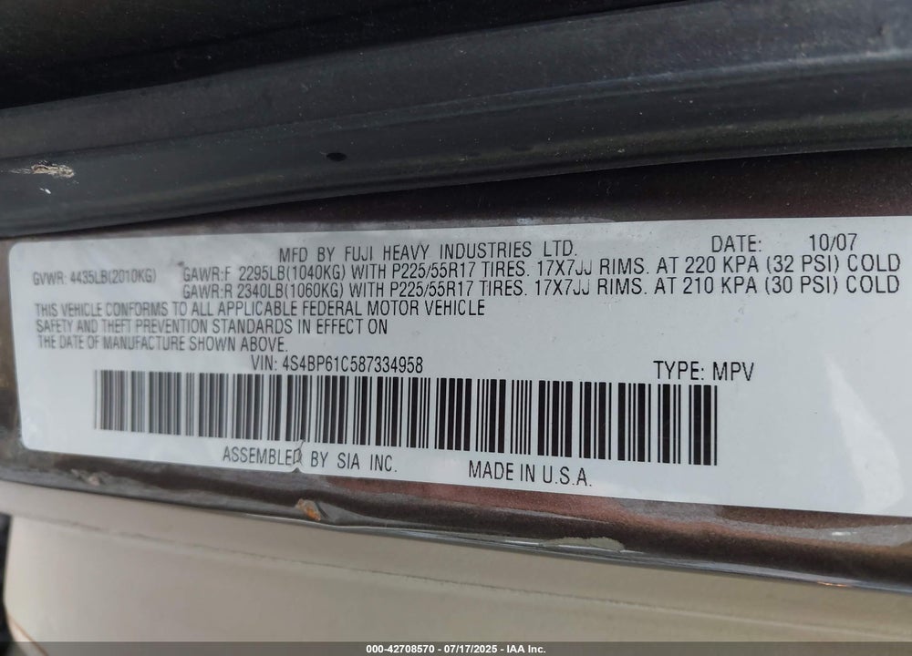 2008 SUBARU OUTBACK VIN: 4S4BP61C587334958