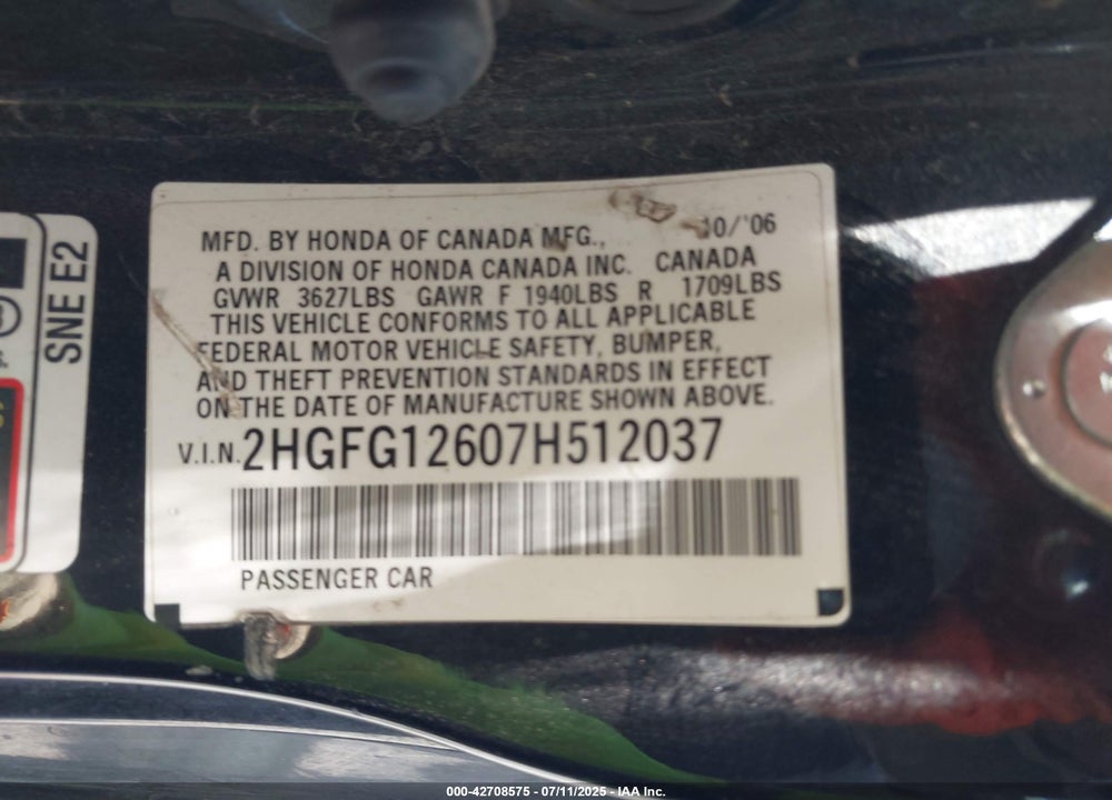 2007 HONDA CIVIC VIN: 2HGFG12607H512037
