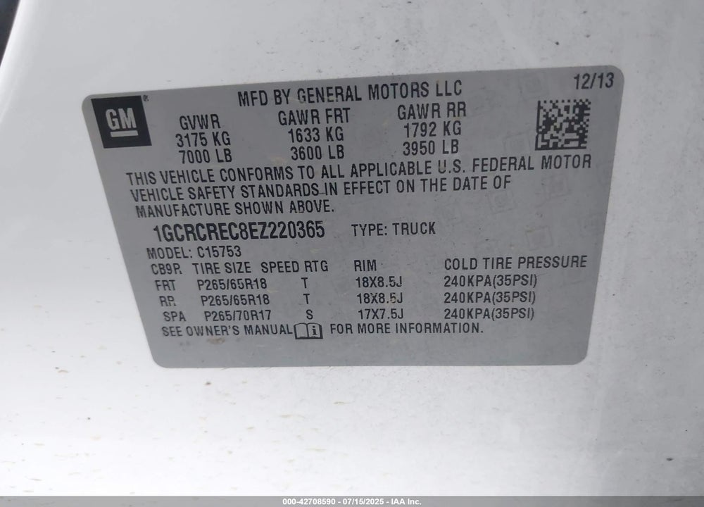 2014 CHEVROLET SILVERADO VIN: 1GCRCREC8EZ220365