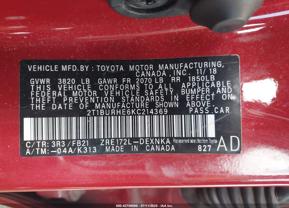 2019 TOYOTA COROLLA VIN: 2T1BURHE6KC214369