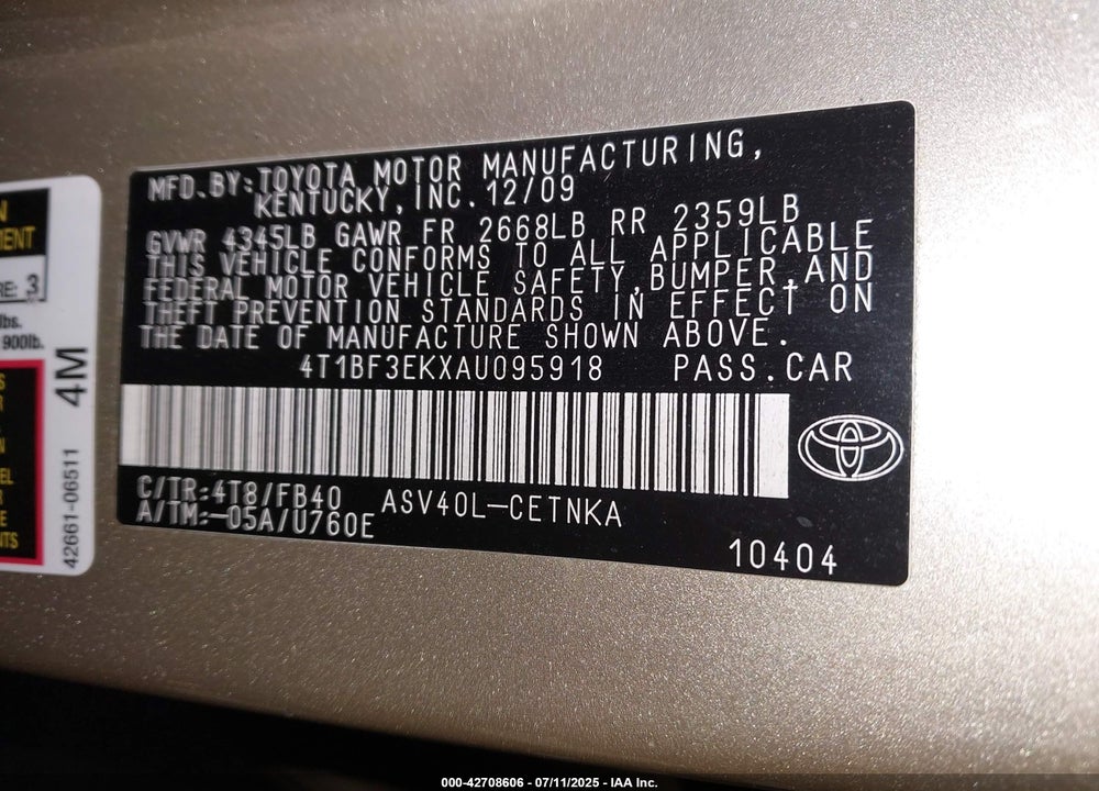 2010 TOYOTA CAMRY VIN: 4T1BF3EKXAU095918